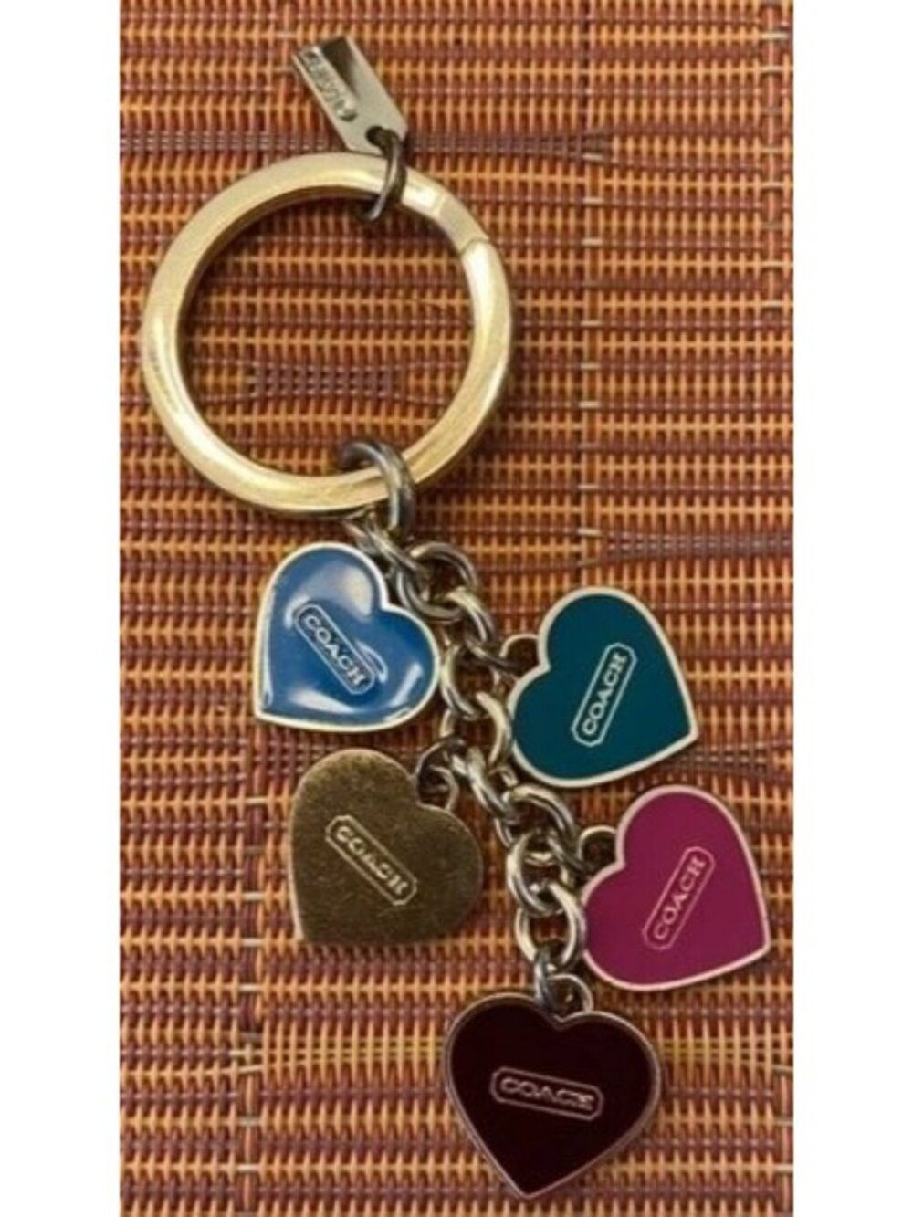 Coach multi color cascading hearts enamel gold multi color key fob bag charm